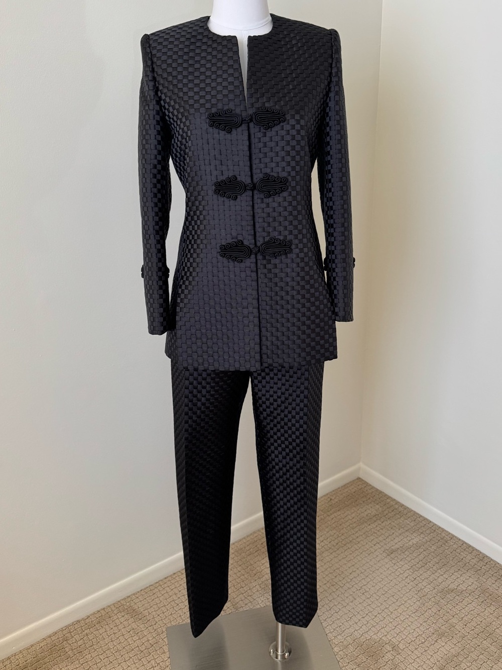 Vintage HOPE Black Woven Ribbon Pantsuit Basketweave Jacket & Trousers Set